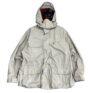 Eddie Bauer Mens Mountain Parka Jacket Tan Plaid Wool Lined Hooded Large Vintage